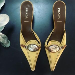 Prada Leather Pointed Toe Kitten Heels With Logo
